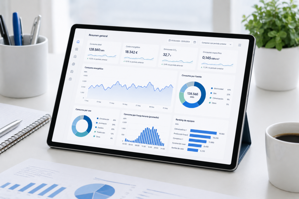 Tablet con plataforma de monitorización y control energético mostrando gráficos de consumo y eficiencia energética en tiempo real.
